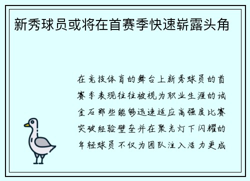 新秀球员或将在首赛季快速崭露头角