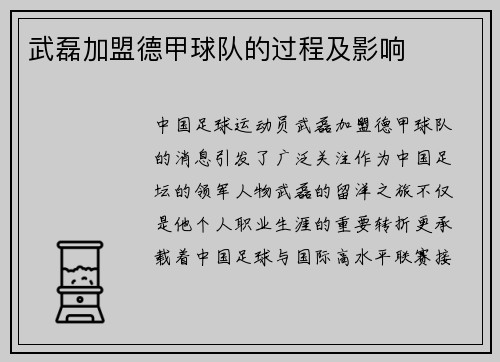 武磊加盟德甲球队的过程及影响
